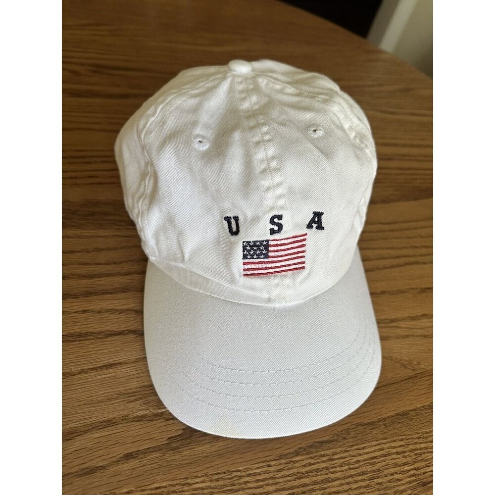 American Flag On White Cotton Dad Cap American Themed 4th Of July Has Stain